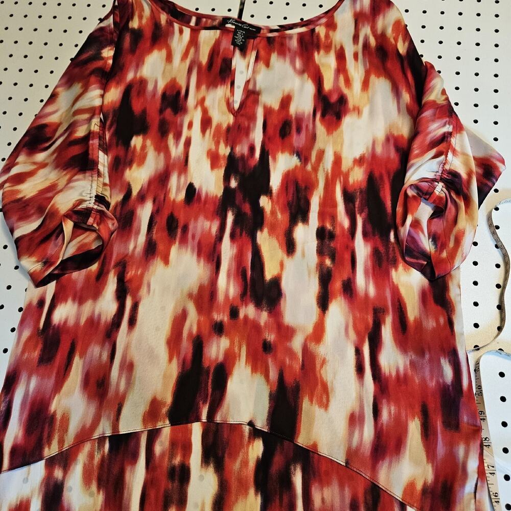 Kenneth Cole Red Abstract Floral Blouson Top Shirt Blouse Size M Hi-low Hemline